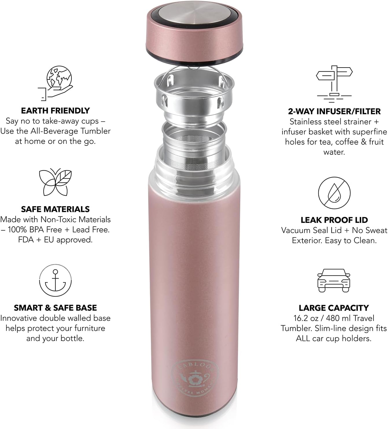 16oz/480ml Teabloom - The ORIGINAL All-Brew Travel Tumbler & Thermos | OPRAHs Favorite | Stainless Steel Insulated