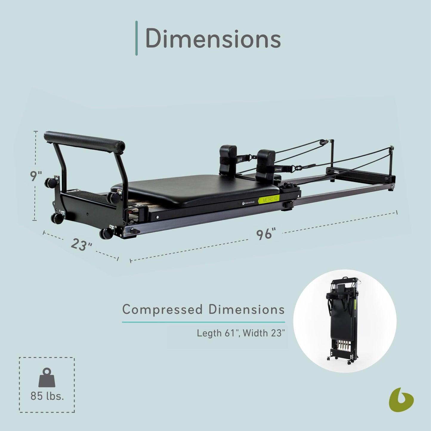 Balanced Body Metro IQ Pilates Reformer with Library Wheels, Pilates Exercise Equipment, Workout Equipment for Home or Studio, Black Upholstery, 96" L x 23" W x 6" H