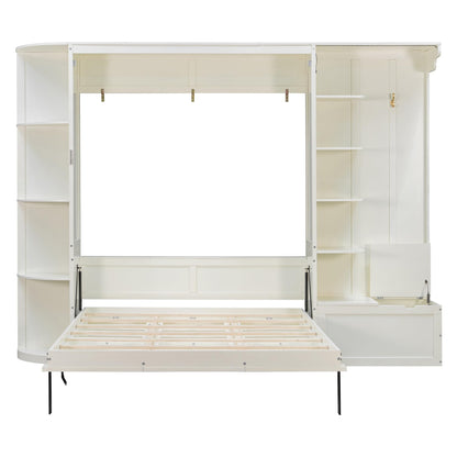 Merax Queen Size Murphy Bed with Storage and Lights, Hidden Fold-Out Legs, Foldable Murphy Cabinet Bed with Hook, Built-in Shelves & Cabinets, Wood Space-Saving Wall Bed for Guest Room Office, White