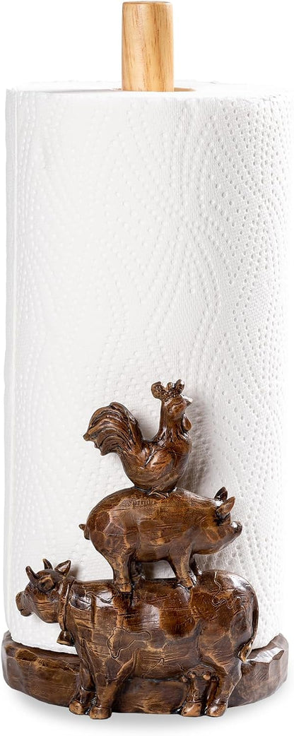 Polytree Countertop Farm Animals (Cow, Pig and Rooster) Paper Towel Holder Stand with Decoration, Hand-Carved Wood