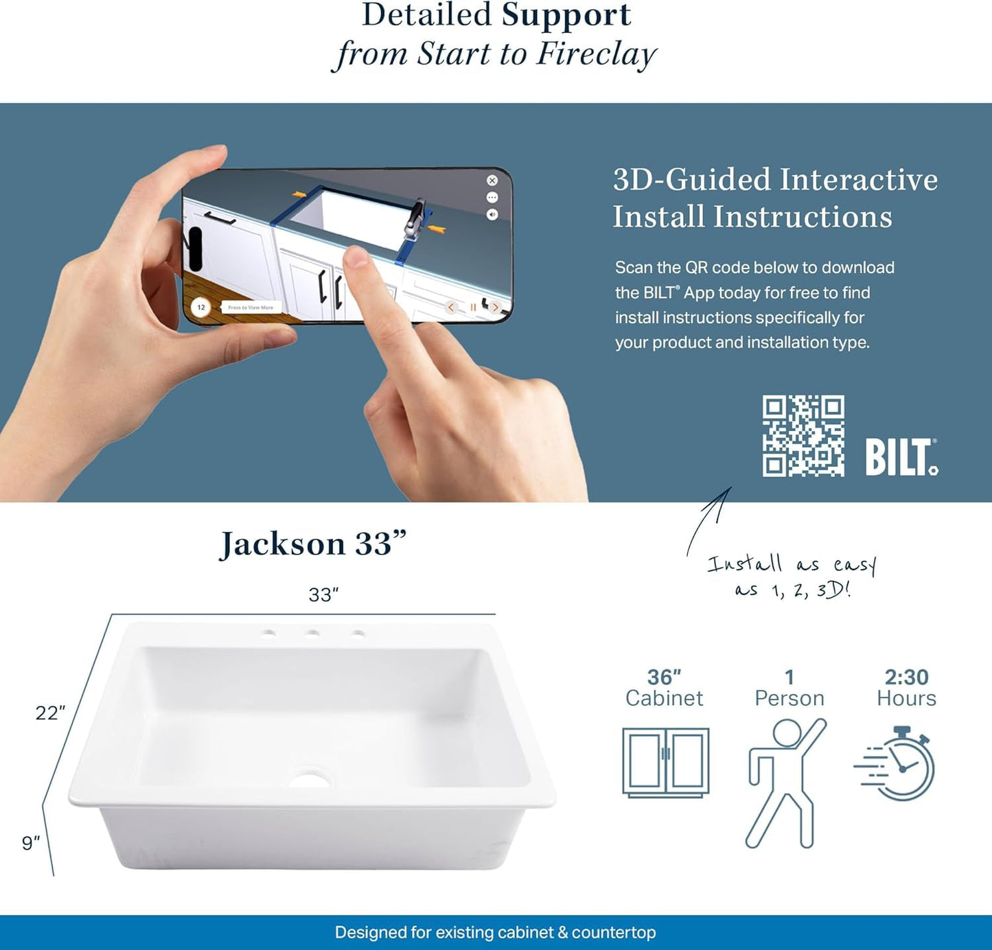 Sinkology Jackson Crisp White Fireclay Drop-In Kitchen Sink - 33 Inch Single Bowl - SureFire Fireclay Won't Chip, Crack, or Stain - 4-Hole - Sinkology Everyday Warranty - Fits 36 Inch Cabinet