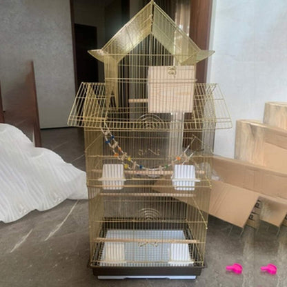 KYTGFH Professional Birdcage Pet Supplies Bird Carrier Gardening Decor Parrot Cages for Large Birds, Household Large Golden Parrot Cage, House-Shaped Decorative Bird Cage, Parak,Gold e