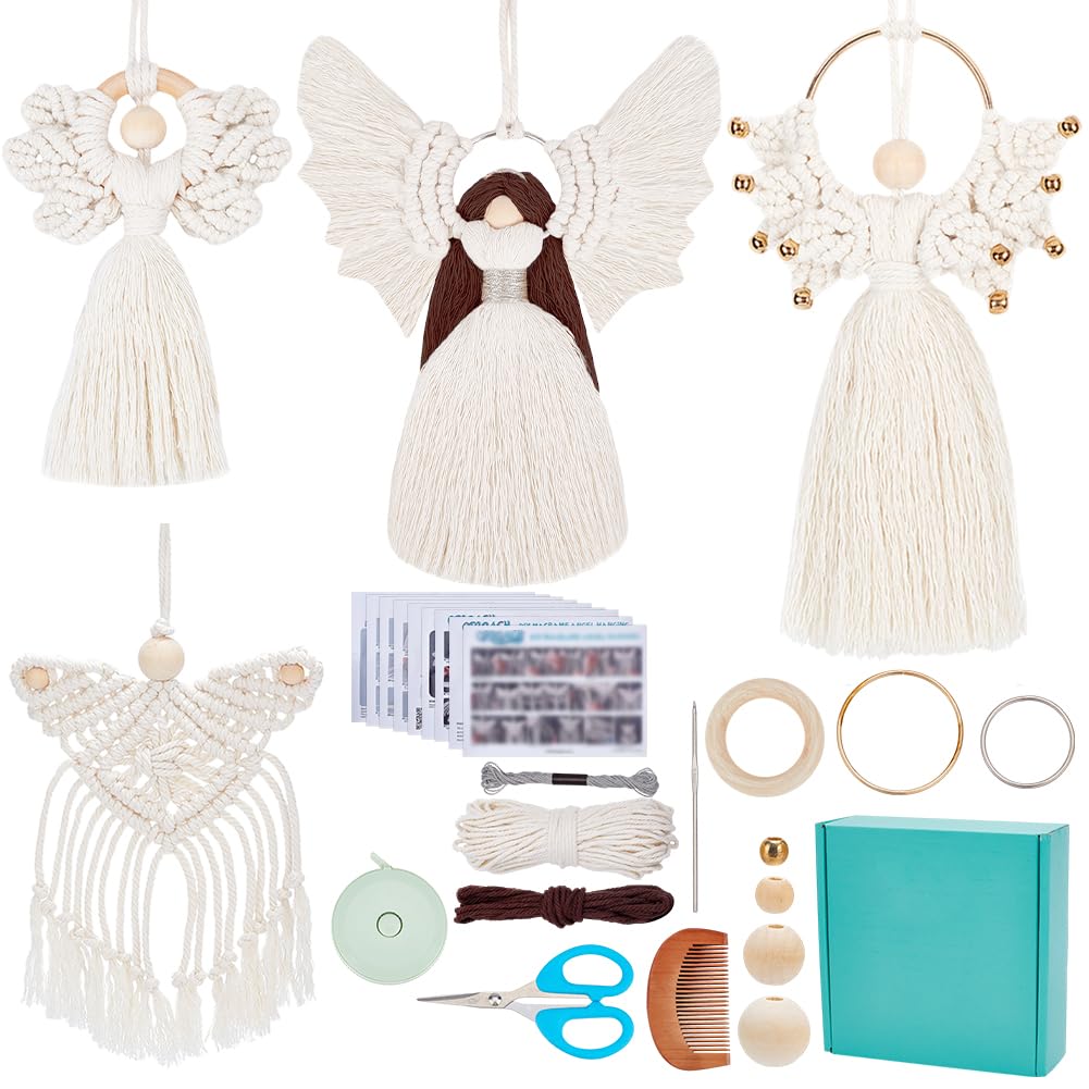 ORIGACH 4 Set DIY Mixed Angel Macrame Kit, 4 Styles Boho Macrame Angel Kit Wall Hanging Christmas Ornament with Instruction Tutorial for Adults Beginners