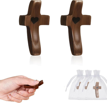 2 Brevynx Pcs Pocket Wooden Cross Fidget - Cross My Heart with Organza Bags - Stress Relief Fidget for Christian