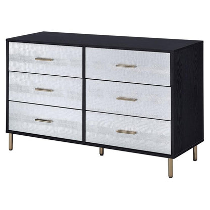 Acme Furniture 6 Drawers Wooden Dresser, Black, Silver and Gold