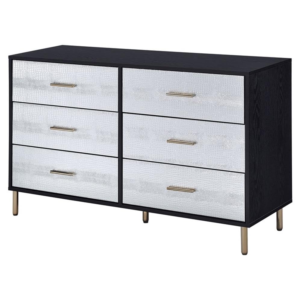 Acme Furniture 6 Drawers Wooden Dresser, Black, Silver and Gold