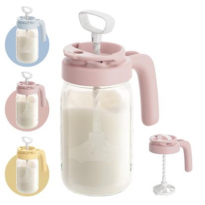 Papablic Glass Formula Pitcher, Fast Baby Breastmilk Maker with Mixing Handle Lid, Wide Mouth Mason Jar Breast Milk Storage Container with Flip-Lock Spout, BPA-Free, Pink