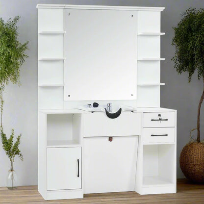 BarberPub Wall Mount Storage Station with Mirror Shampoo Bowl High-end Styling Beauty Salon Furniture Set 3145 (White)