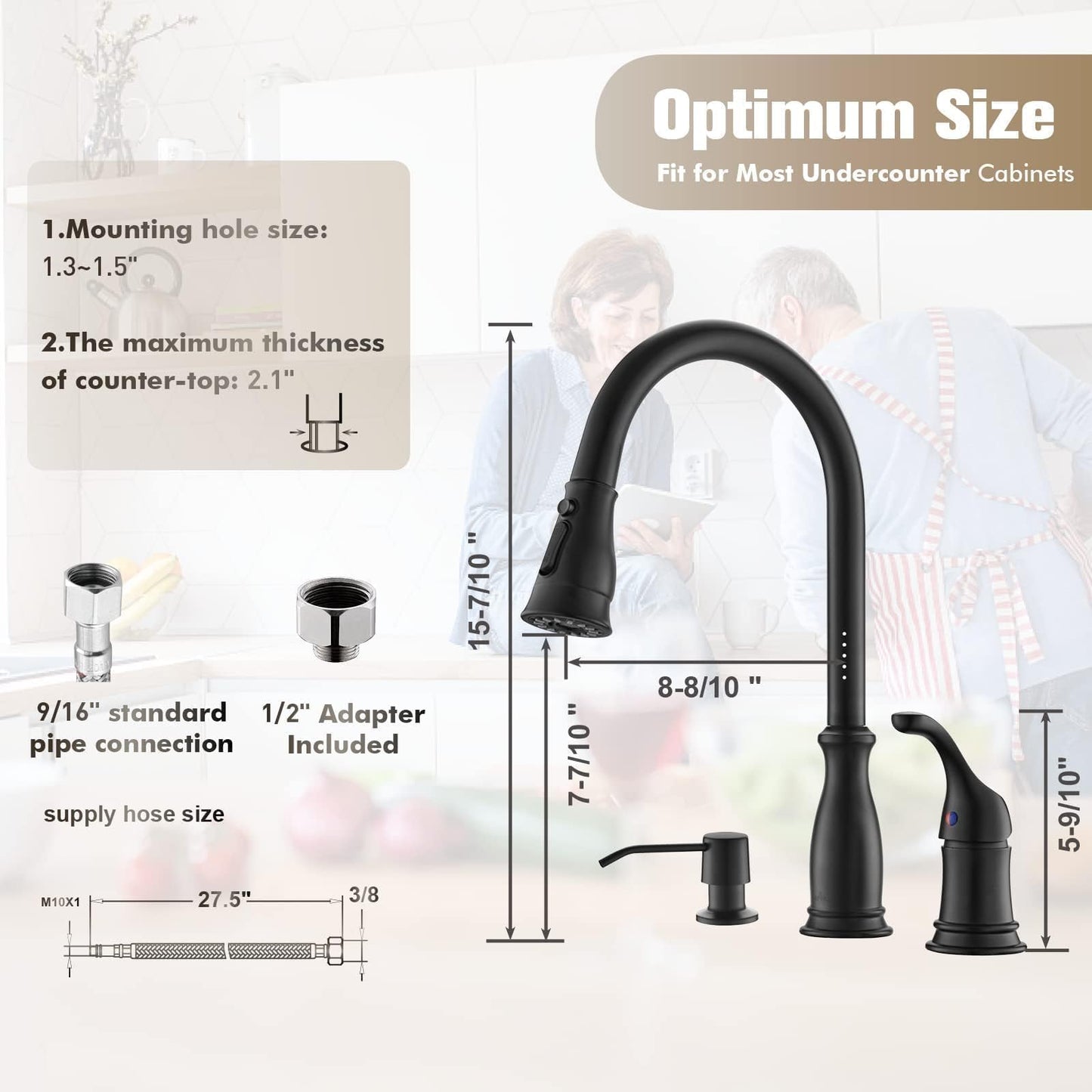APPASO 3 Hole Kitchen Faucet with Pull Down Sprayer, Kitchen Faucets with Soap Dispenser, 3 Pieces Kitchen Sink Faucet with Separate Handle, Matte Black Kitchen Faucet 3 Hole, 218MB