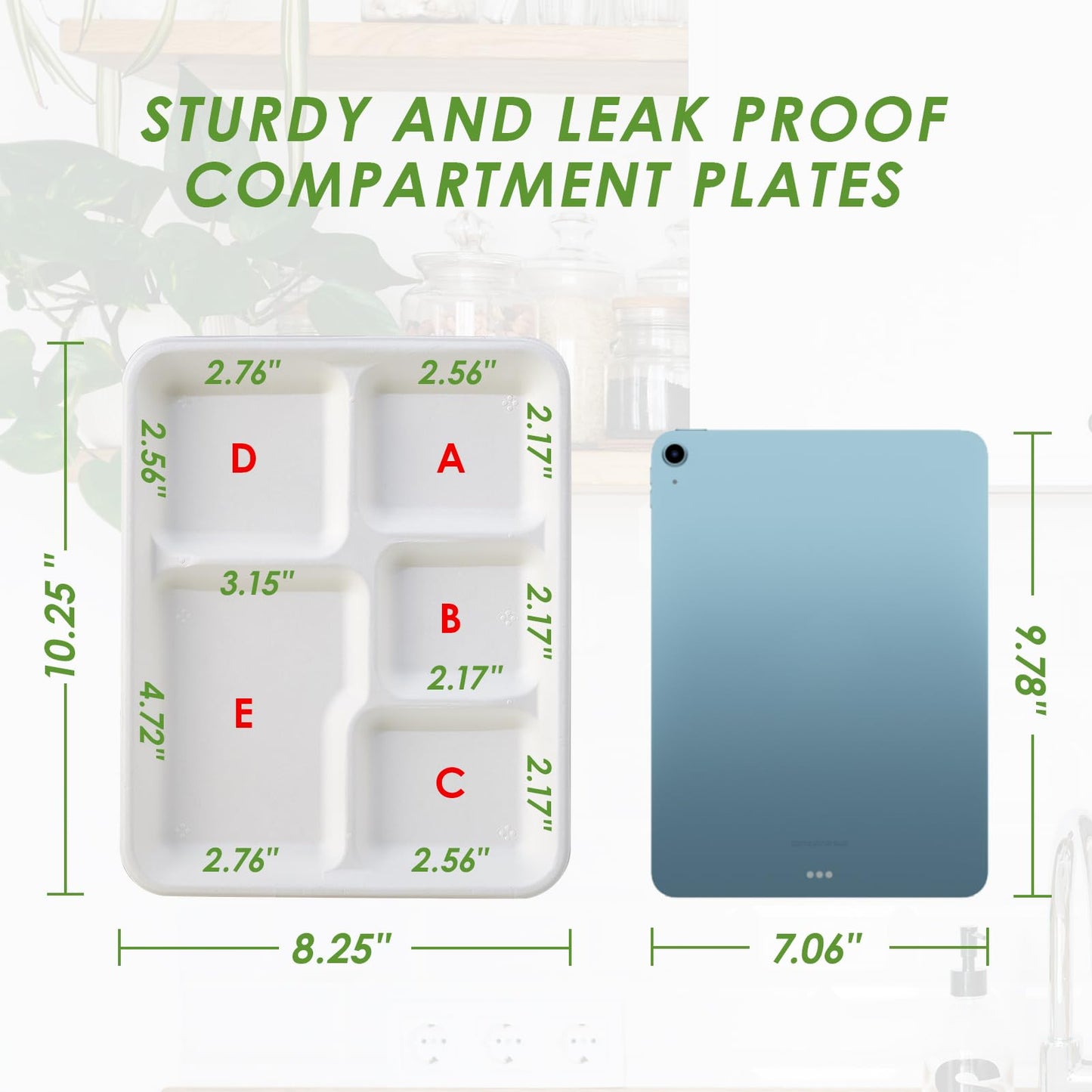 Vplus 100% Compostable Small 5 Compartment Plates 125 Pack 10.25 x 8.25 inch Disposable Sugarcane Bagasse Tray Perfect for Boys and Girls
