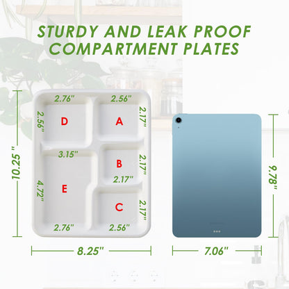 Vplus 100% Compostable Small 5 Compartment Plates 125 Pack 10.25 x 8.25 inch Disposable Sugarcane Bagasse Tray Perfect for Boys and Girls