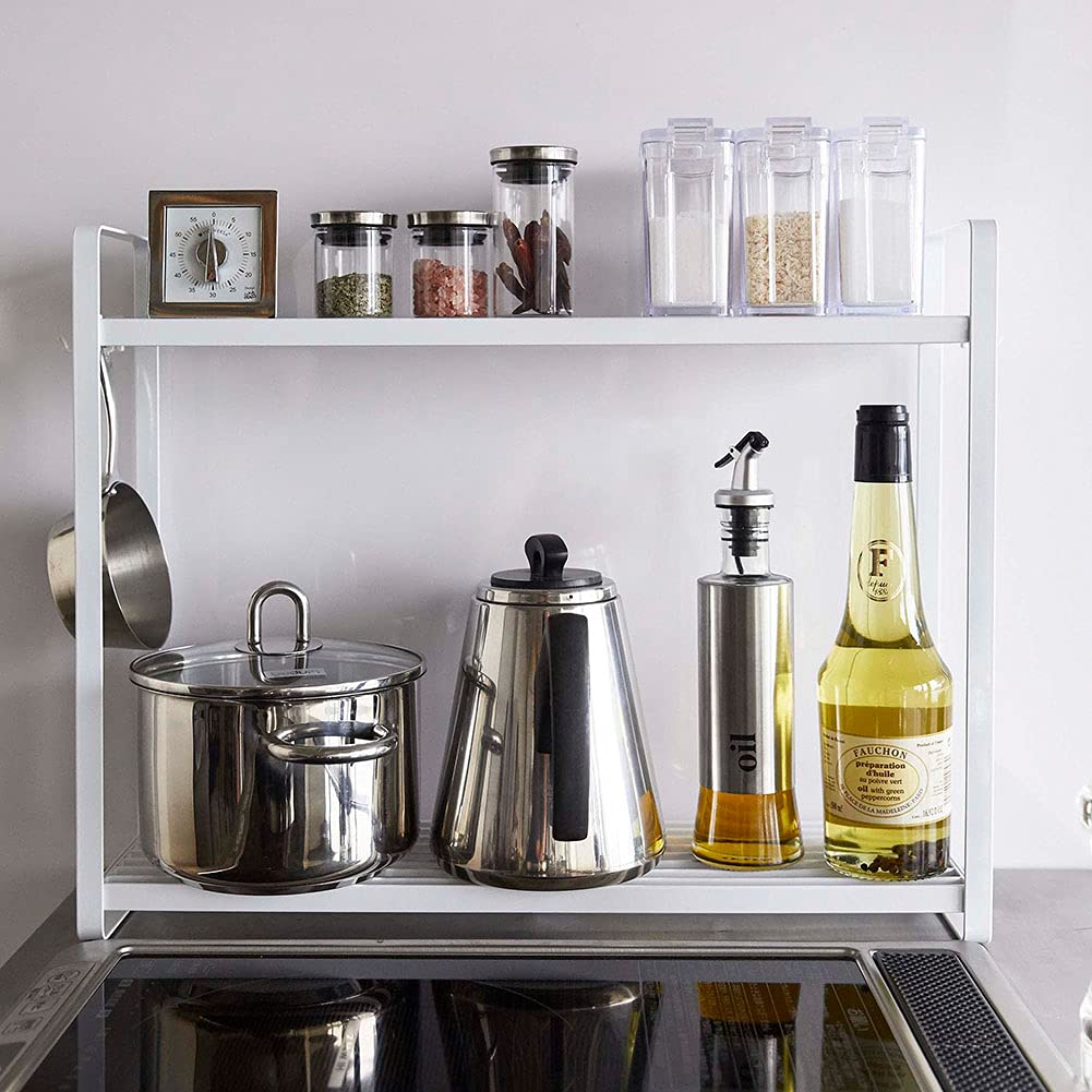 Yamazaki Industries 5150 Horizontal Stove Rack, 2 Tiers, White, Approx. W 20.1 x D 5.5 x H 15.7 inches (51 x 14 x 40 cm), Tower, Gap Storage, Condiment Rack, Holds Pots and Oils, Hooks