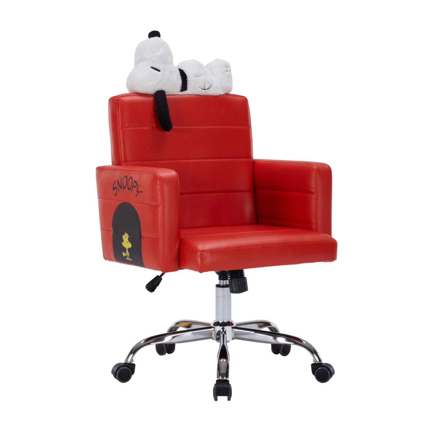 Impression Vanity Peanuts Snoopy House Swivel Vanity Chair with Faux Leather, Plush Foam Comfort, 360 Degree Swing, Printed Woodstock Accents, Snoopy Artwork, Adjustable Height, and Rolling Chair
