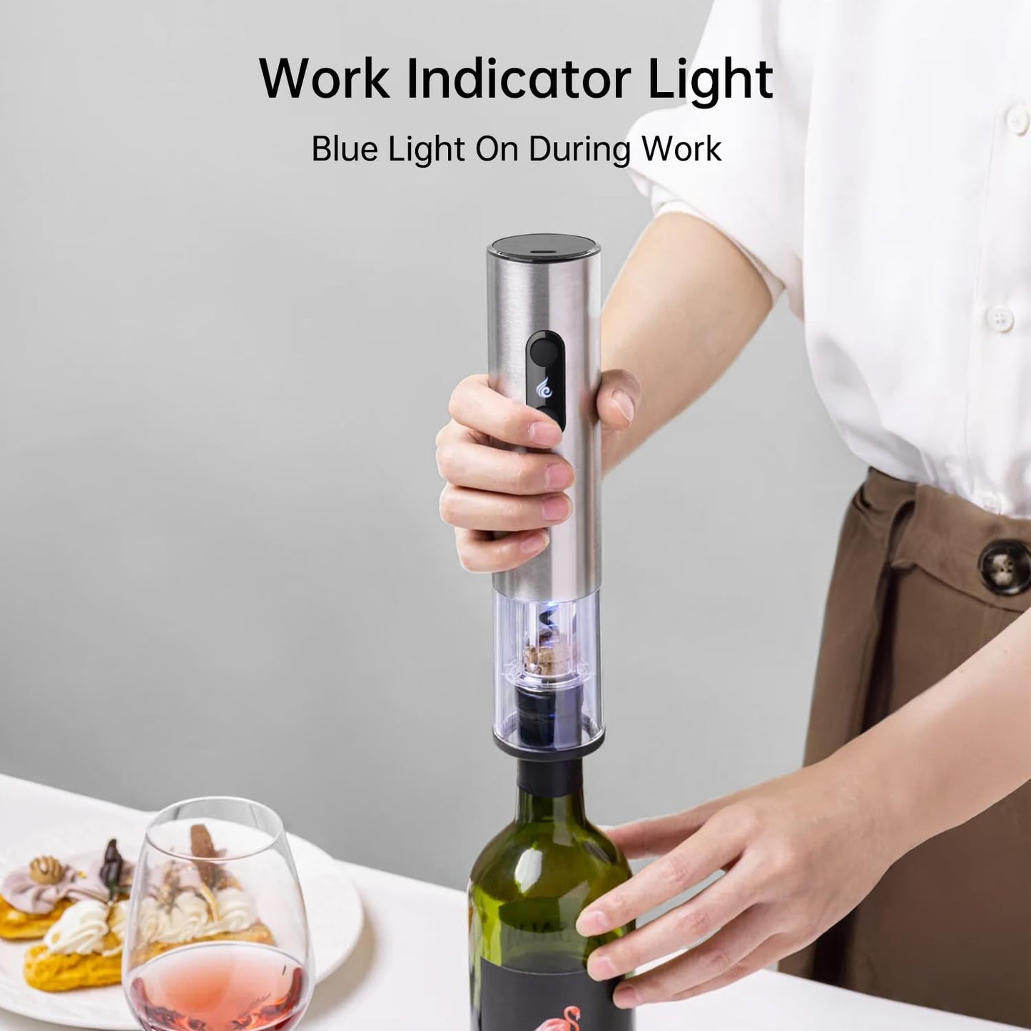 Rechargeable Wine Opener by ELMWAY, Electric Wine Bottle Opener with Foil Cutter, LED Light and Stainless Steel Shell