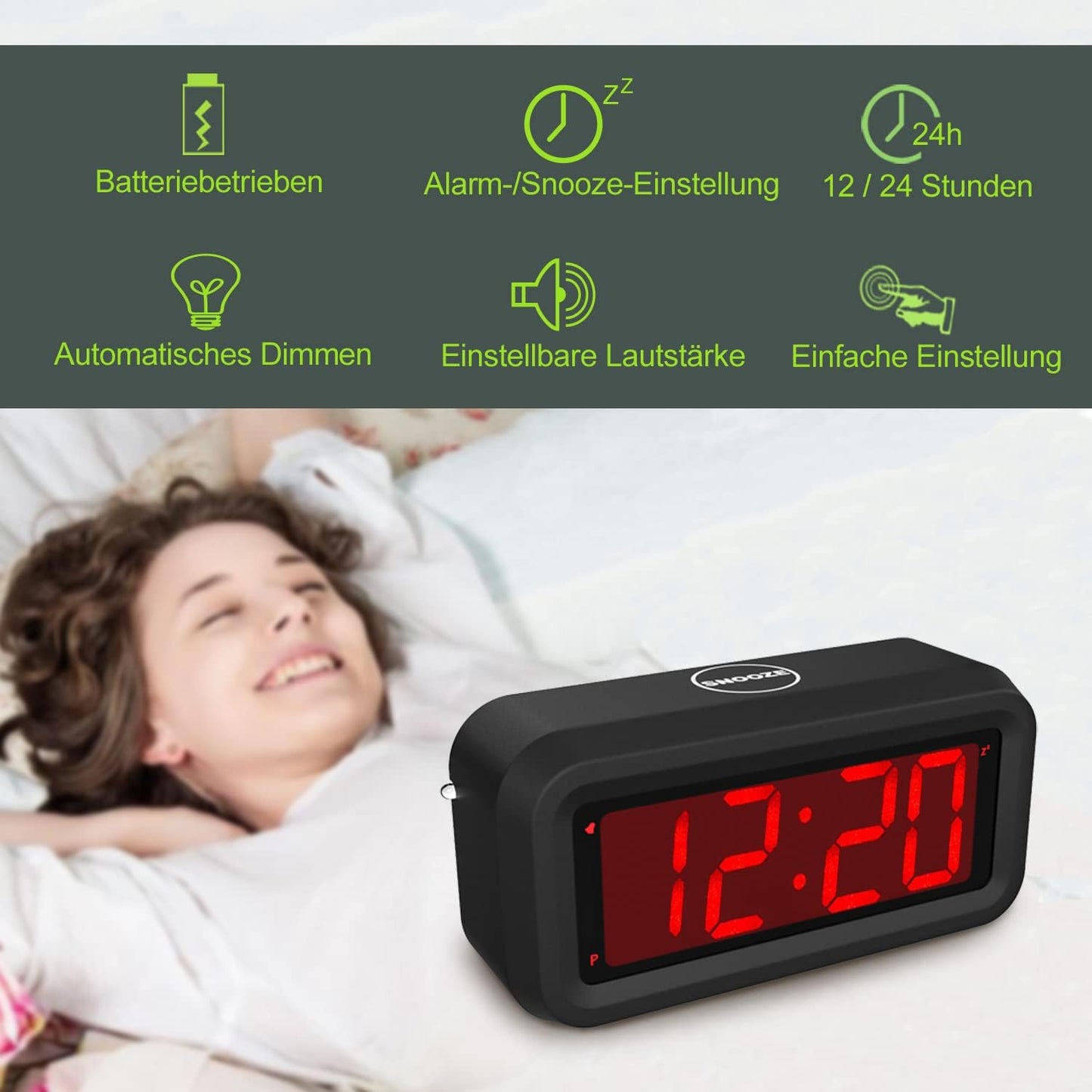 Digital Alarm Clock, Small Wall Clock, Battery Operated with 1.2" LED Large Display, for Bedroom/Desk