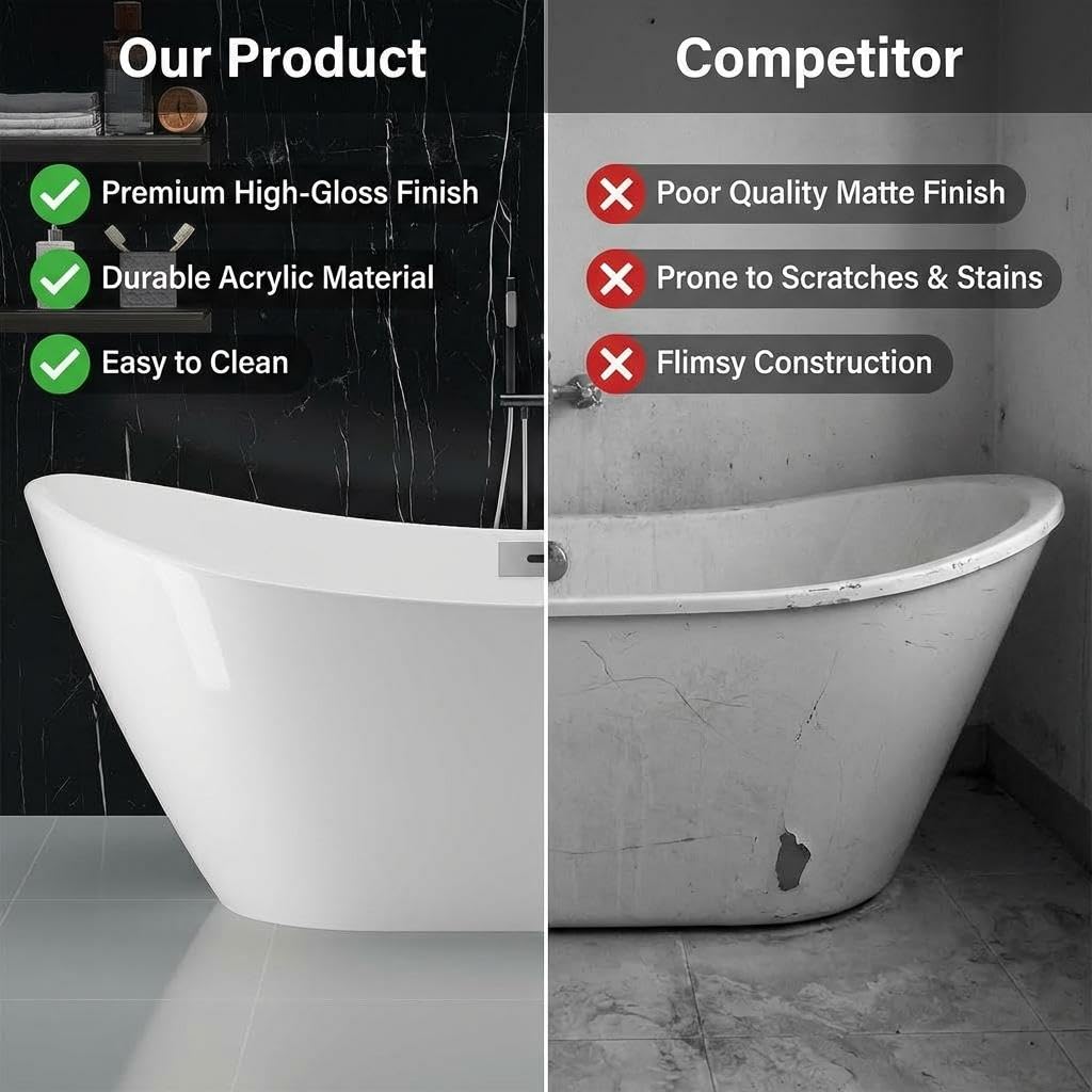 59" Acrylic Freestanding Bathtub with Chrome Drain Kit, Contemporary Square Soaking Tub with Overflow and Flexible PVC Drain Pipe, Double-Walled Insulation, CUPC Certified, Glossy White Finish