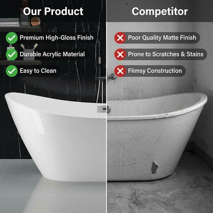 59" Acrylic Freestanding Bathtub with Chrome Drain Kit, Contemporary Square Soaking Tub with Overflow and Flexible PVC Drain Pipe, Double-Walled Insulation, CUPC Certified, Glossy White Finish