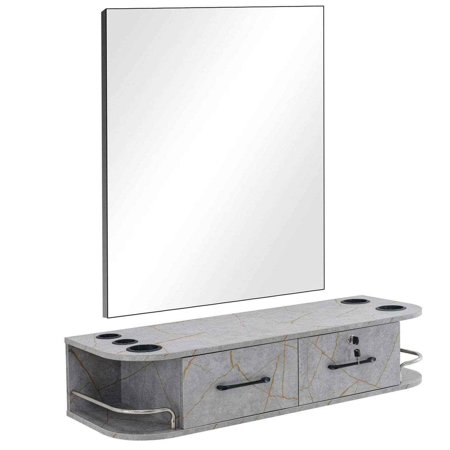BarberPub Locking Wall Mount Styling Barber Station with Mirror Beauty Spa Salon Furniture,6154-5012-mirror (Gold&Grey)