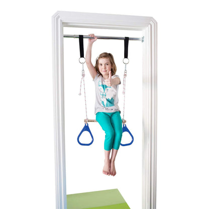 DreamGYM Doorway Swing for Kids Indoor - Trapeze Bar and Blue Gymnastic Rings Combo