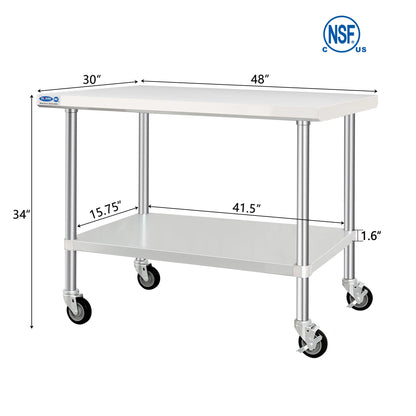 HARDURA Stainless Steel Table with Wheels 30 x 48 Inches Kitchen Prep Table Heavy Duty Stainless Steel Workbench with Aluminium Corner Undershelf NSF 304 Metel Table for Commercial Restaurant
