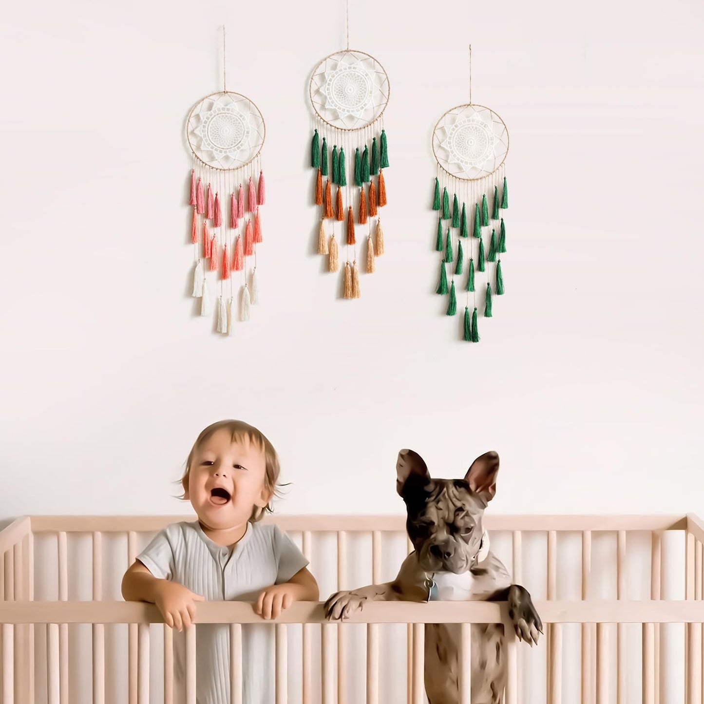 Artilady Macrame Dream Catchers for Bedroom - Tassel Wall Hanging Handmade Dreamcatchers Home Decor with Tassel Feather Ornament Craft Blessing Gift (Green Mix)