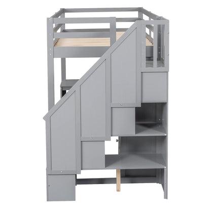 KTATK Twin Size Loft Bed with Storage Shelves and Under-Bed Desk,Bedroom Multifunctional Bed Frame w/Solid Wood Slat Support & Full-Length Guardrail,for Adult Boy Girl Teen,White