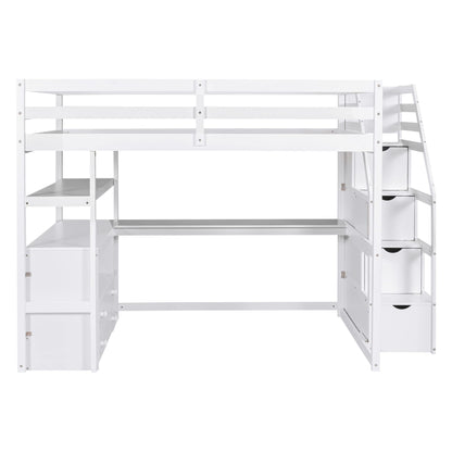 Merax Stairway Loft Bed with L Shape, Shelves, Two Tier Drawers and Storage, White Platform, Full Loft w/Desk and Staircase