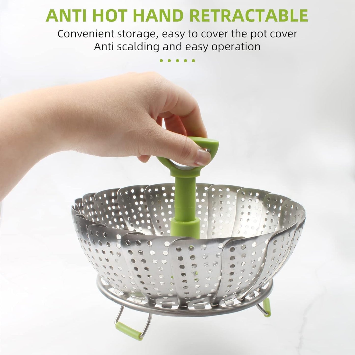 Sihuuu Folding Stainless Steel Steamer Basket (7-11 Inches) with Heat Resistant Handle - Ideal for Cooking Seafood, Vegetables, Fruits - Expandable and Easy to Clean - Dishwasher Safe
