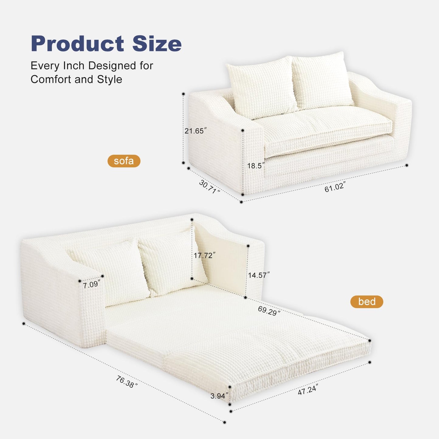 61" Convertible Sofa Bed Loveseat, Memory Foam Boneless Floor Couch with Removable Corduroy Cover, Tri-folding Compact Full-size Sleeper for Small Living Room, Playroom, Guest Room, RV (White)