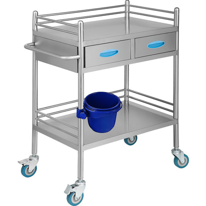 Happybuy 2-Tier Stainless Steel Medical Serving Cart, Utility Rolling Cart with Drawers, Lockable Wheels, Perfect for Laboratories, Hospitals, and Dental Clinics