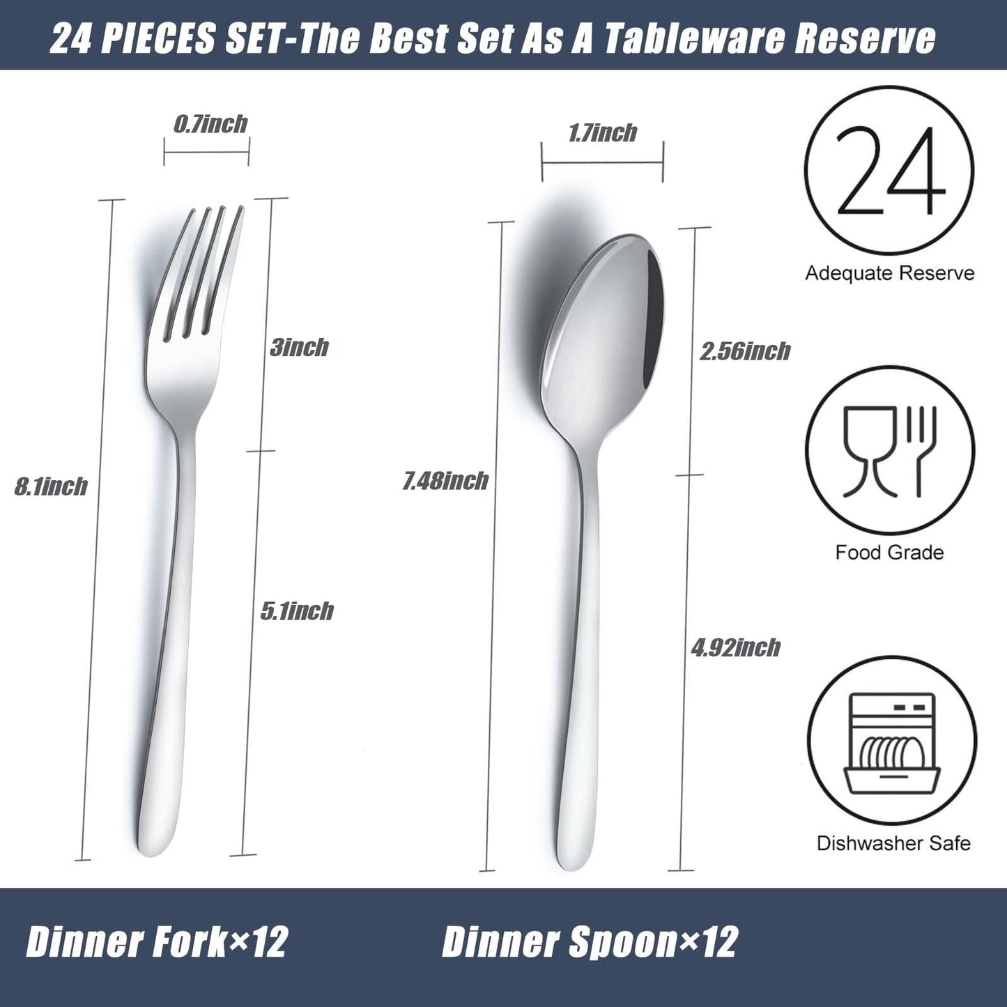 Gymdin 24 Pcs Forks and Spoons Silverware Set, Food Grade Stainless Steel Flatware Cutlery Set for Home, Kitchen and Restaurant, 12 Dinner Forks and Dinner Spoons, Mirror Polished & Dishwasher Safe