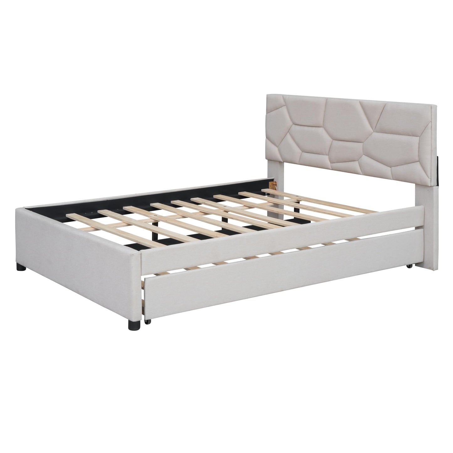 Brisca Full Size Linen Upholstered Platform Bed with Brick Pattern Headboard and Twin Size Trundle,Bed Frame W/ 10 Wooden Slats & 4 Supporting Legs,for Bedroom,Apartment,Guest Room,Beige