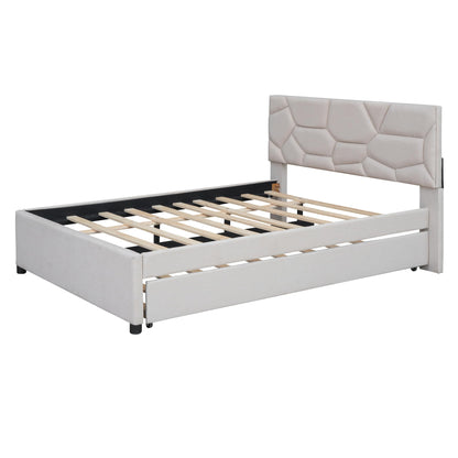 Brisca Full Size Linen Upholstered Platform Bed with Brick Pattern Headboard and Twin Size Trundle,Bed Frame W/ 10 Wooden Slats & 4 Supporting Legs,for Bedroom,Apartment,Guest Room,Beige