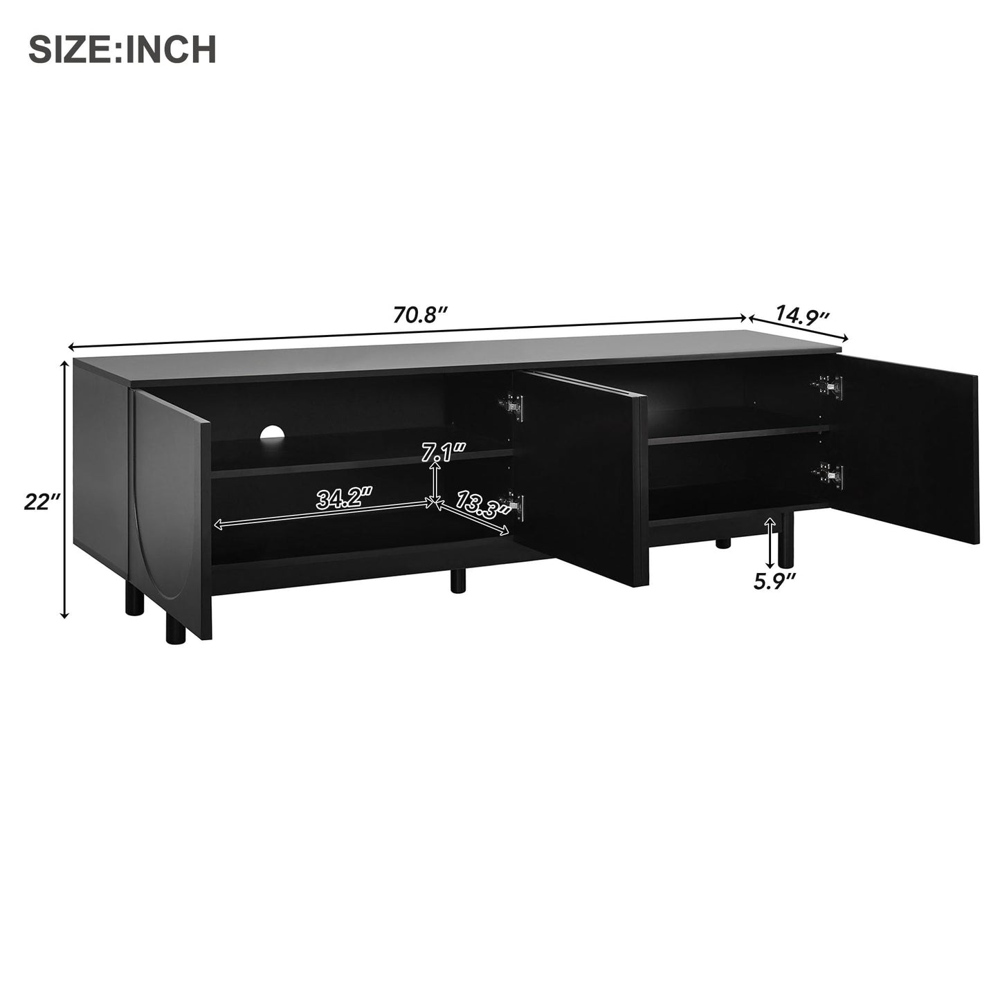 Merax Modern TV Stand with Arch Cabinets, Solid Wood Legs & Adjustable Shelves | Entertainment Center with Cable Management for Living Room, Black