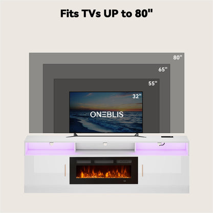 OneBlis 70" Fireplace TV Stand with Power Outlet, Electric Fireplace Entertainment Center with Storage Cabinets, Fits TVs up to 80", TV Console with LED Lights for Living Room, Office, White-Black