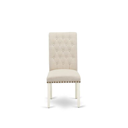 East West Furniture HLBR5-LWH-02 5 Piece Dining Room Furniture Set Includes a Round Dining Table with Pedestal and 4 Light Beige Linen Fabric Upholstered Chairs, 42x42 Inch, Linen White