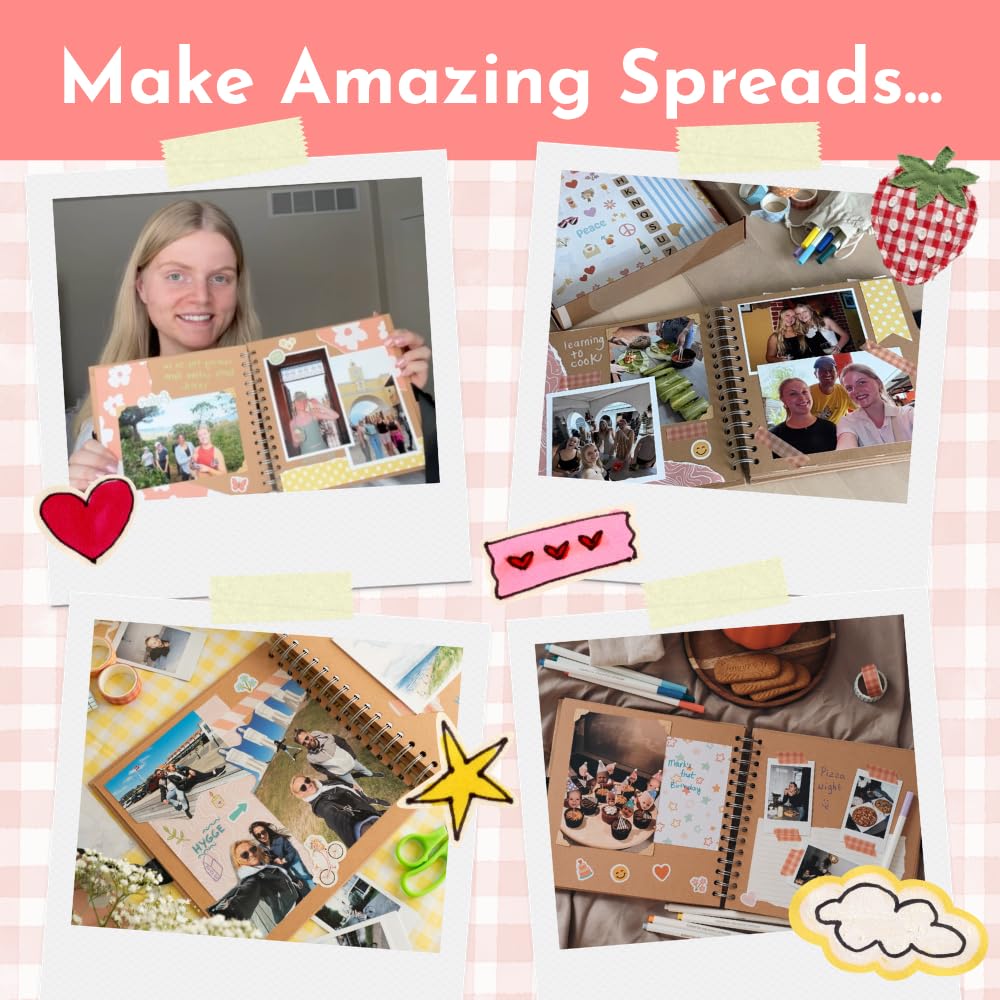 Scrapbook Kit - 80 Page Photo Album DIY Scrapbook - Holds 300+ Photos, with Metallic Pens, 150+ Stickers, Glue Pen, Washi Tapes, Backing Paper, Photo Corner Stickers (Starter Kit - 8 x 8 Inch, Kraft)