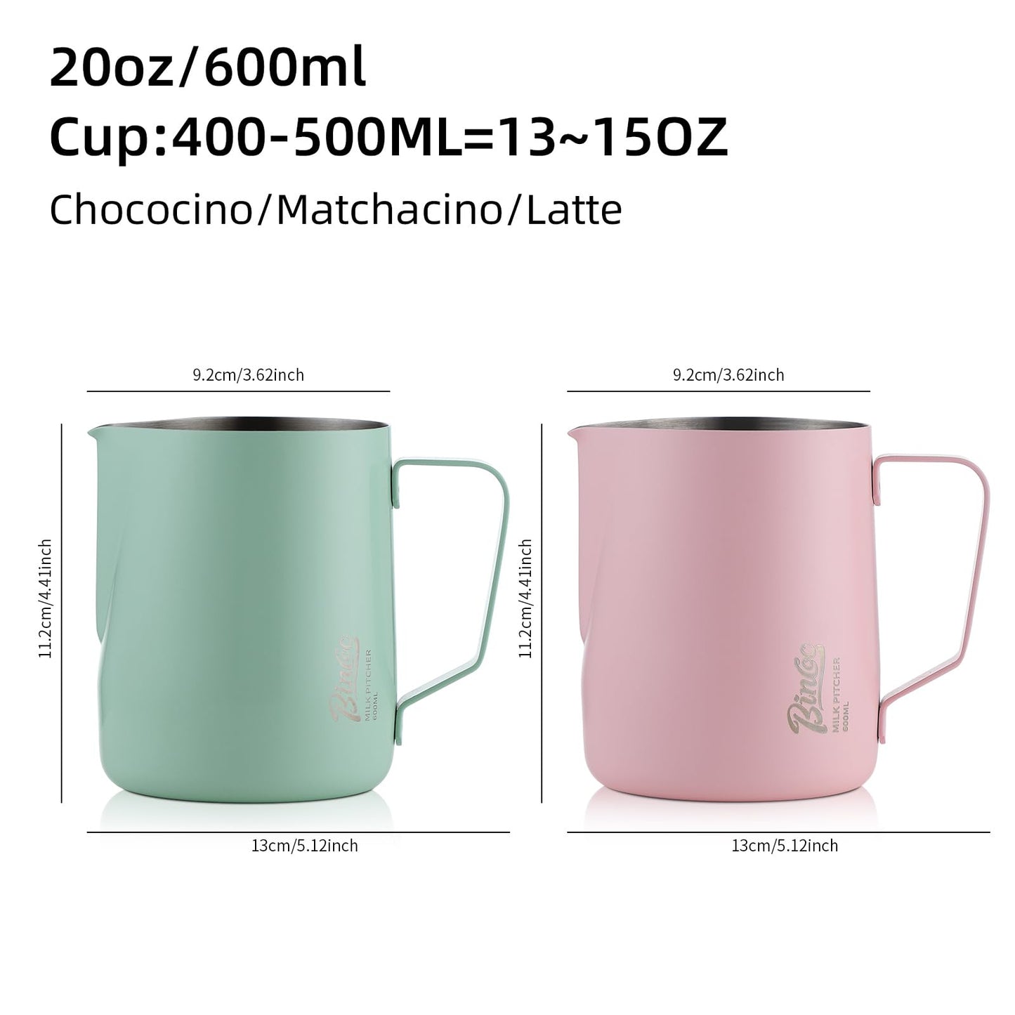 Pink Milk frother - 600ml Milk Frothing Pitcher, Milk Frother Cup Espresso Steaming Pitcher for Barista, Bincoo SUS304 Stainless Steel Espresso Steaming Pitchers for Latte Art/Cappuccino/Coffee/Milk