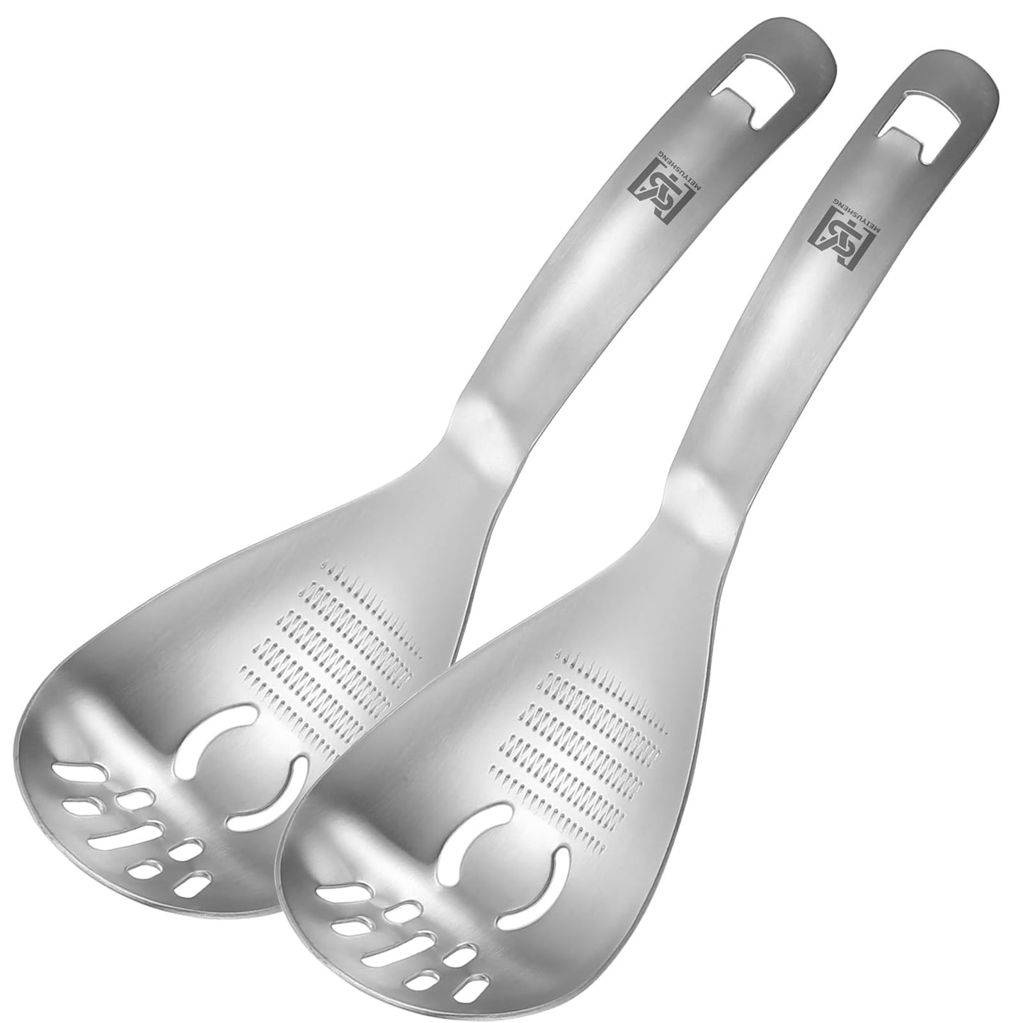 2PC Multi-Function Cooking Spoon with Potato Masher, Egg Yolk Separator, Grater Plate, Bottle Opener & Slotted Spoon - 304 Stainless Steel, MEIYUSHENG