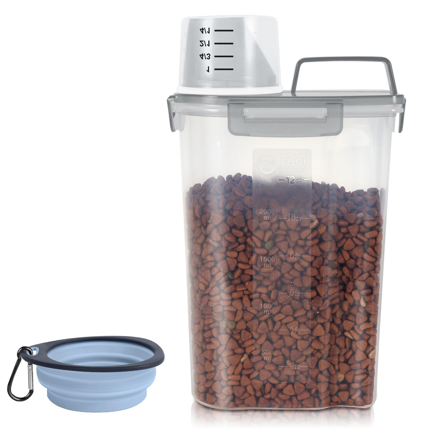 LEAWALK 3-5Lbs/3Qt Dog Cat Food Storage Container With Foldable Bowl. Plastic Pet Food Dispenser for Small Animal Kibble/Pet Food/Bird Seed/Oatmeal/Rice/Flour/Brown Sugart/Cereals (Clear Grey)