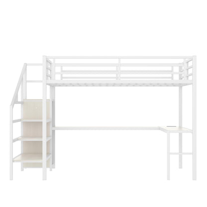 Bellemave Queen Loft Bed with Staircase and L Desk, Wardrobe, Metal Queen Loft Bed Frame for Adults, Kids, Teens, White Wood-Grain