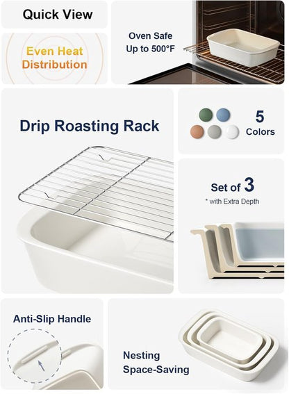 LE TAUCI Deep Casserole Dishes - Large Ceramic Baking Dish Set with Roasting Racks | 3-Piece White Bakeware (4.6QT/3.0QT/1.6QT)