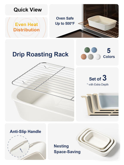 LE TAUCI Deep Casserole Dishes for Oven, 13.7”x9.6” Ceramic Baking Dish Set with Roasting Racks, Large Lasagna Pans with Handles, Rectangular Bakeware as Gift for Mom, White (4.6QT/3.0QT/1.6QT), Set of 3