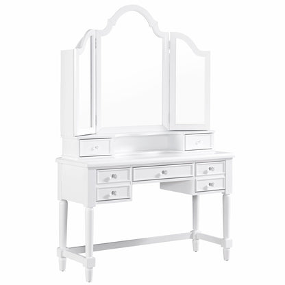 24/7 Shop at Home Nyx Traditional 3-Piece Wood 5 Drawers Makeup Vanity Table, Tri-Fold Mirror and Stool Set with Jewelry Storage, 7 Shelves, Padded Seat for Bedroom, Dressing Room, White and Gray