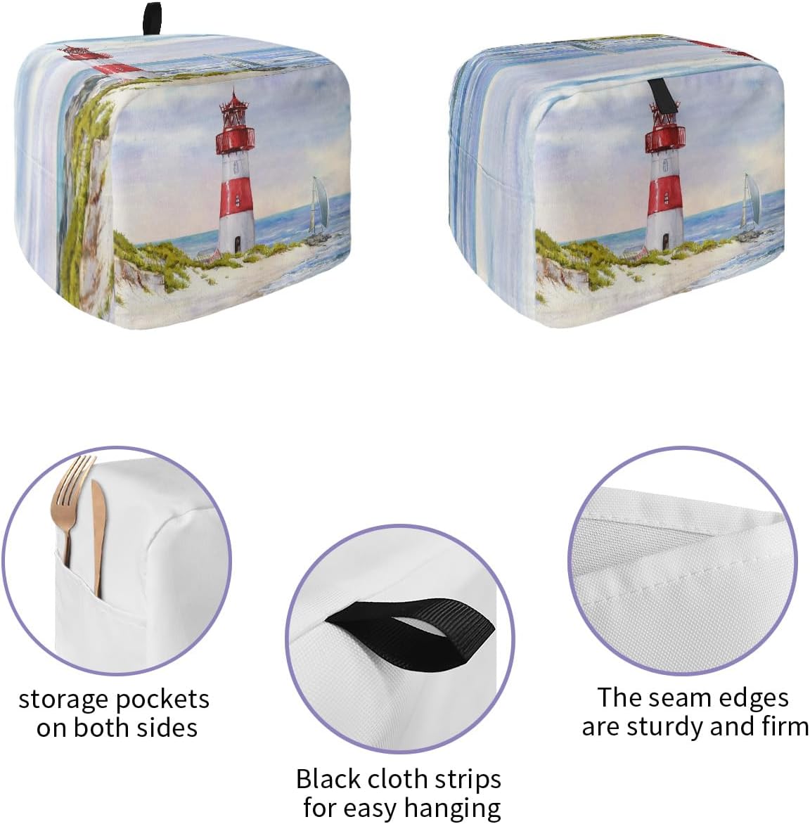 Coastal Lighthouse Toaster Cover, 4 Slice Large Kitchen Appliance, Watercolor Blue Sky Nautical Dust Cover with Loop