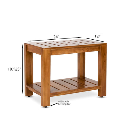 TeakCraft Teak Shower Bench with Shelf, 24” Wide, Shower Stool, Fully Assembled Bathroom Shower Seat, Water-Resistant Spa Bath Bench for Shower, Bathroom & Entryway, The Tara