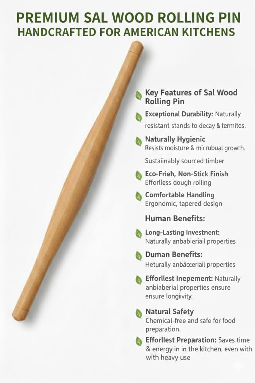 16Inch Professional French Rolling Pin for Baking Premium Sal Hardwood Dough Roller for Pizza Pastry Fondant & Cookies Lightweight Durable & Moisture Resistant Tapered Wood Roller for Kitchen