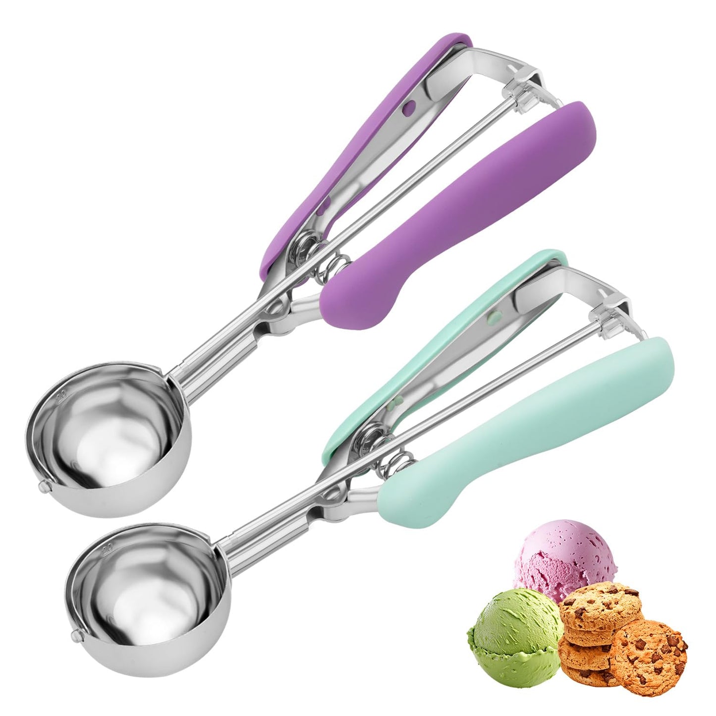 2Pcs Cookie Scoop Set, 18/8 Stainless Steel Cookie Dough Scoops with Lavender & Mint Green Ergonomic Handles, Professional Metal Scooper for Baking, Ice Cream & Cupcakes, 2 Tbsp&3 Tbsp