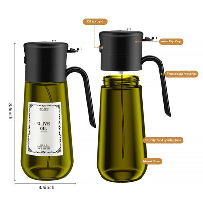 Glass Olive Oil Dispenser for Kitchen, 2 In 1 Oil Dispenser Bottle & Oil Sprayer for Cooking, Auto Flip Cap, 18oz Black (Light Blockage)