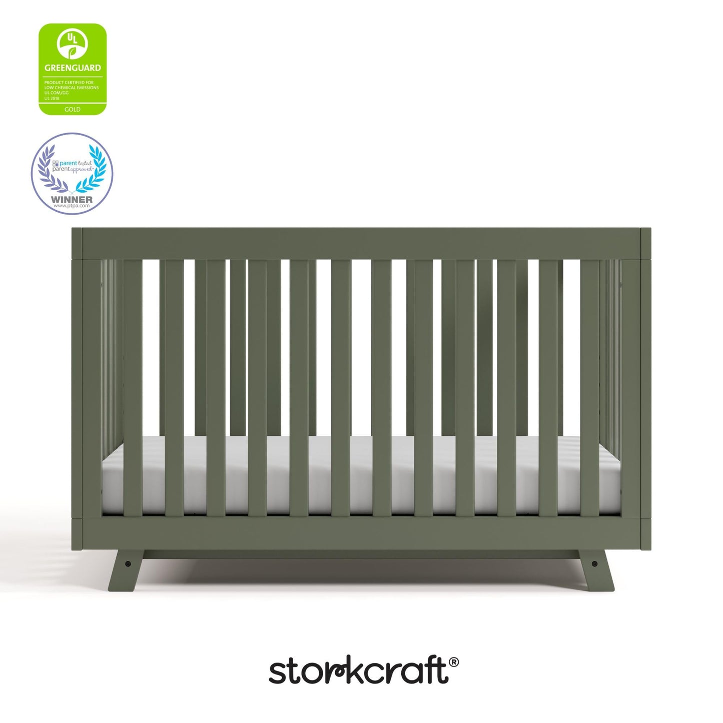 Storkcraft Beckett 3-in-1 Convertible Crib – GREENGUARD Gold Certified, Fits Standard Crib Mattress, Converts to Toddler Bed and Daybed, 4 Mattress Heights, Grow-with-Me Design (Olive)